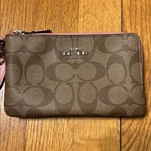 Coach Khaki/Pink Double Zip Wristlet